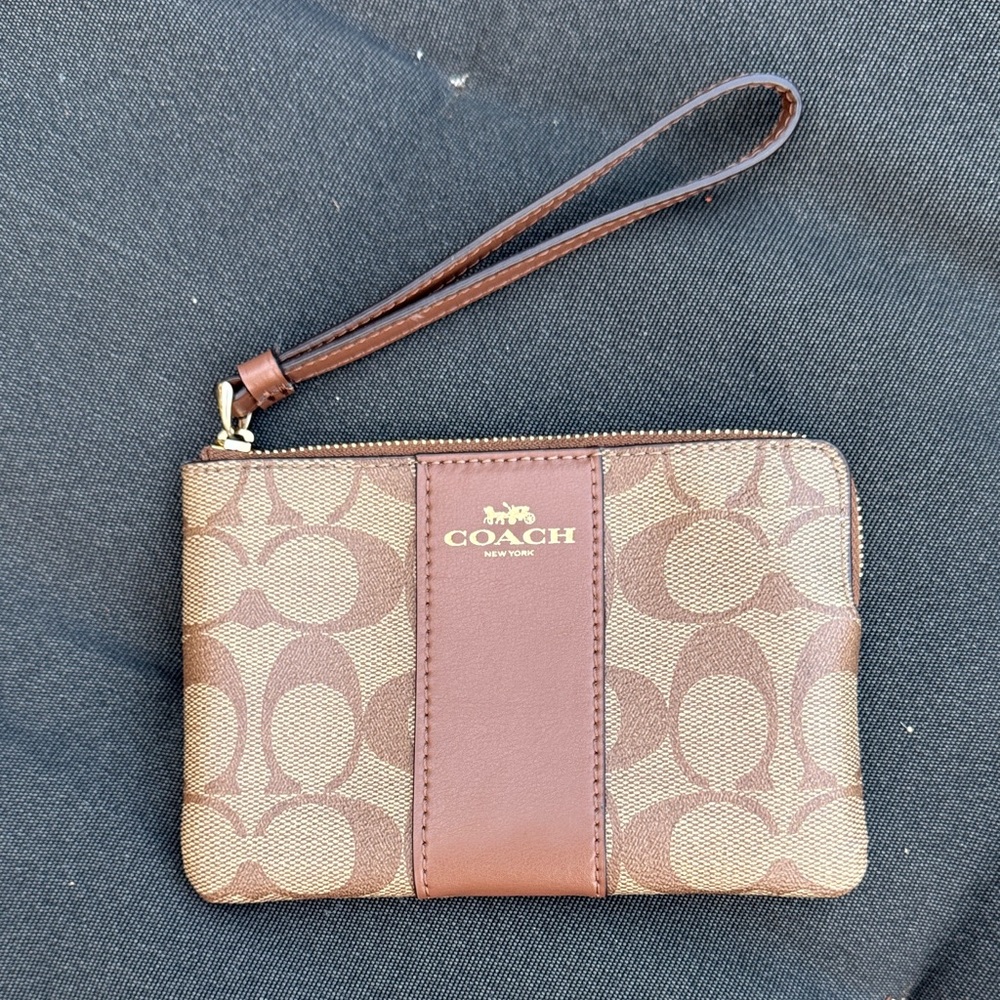 Coach Signature Brown and Tan Wristlet